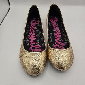 Y2K Gold Glitter Betsy Johnson studded flats sz 10